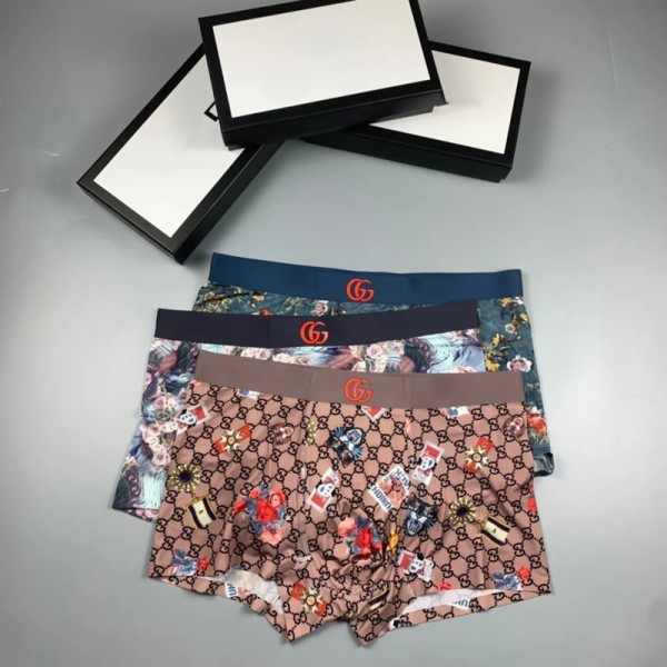 Gucciブランドメンズボクサーパンツ 薄型 3枚セット ブリーフ アイスシルク グッチ下着内衣 快適メッシュ 通気性 吸水速乾 ボクサーブリーフ 涼しい 夏の メンズ下着L-3XL