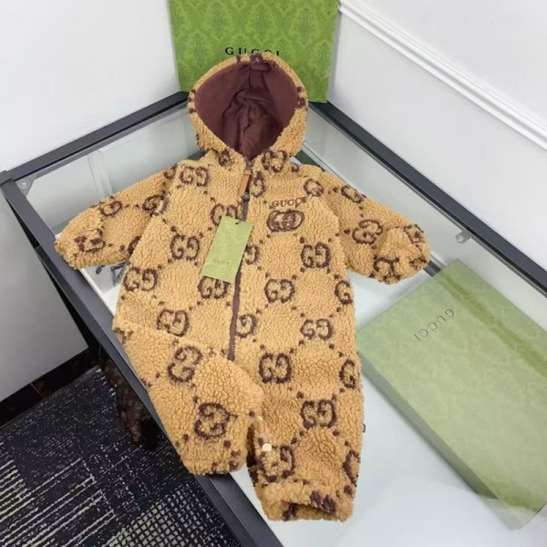 Gucci グッチハイブランド ベビー服 ロンパース カバーオール フリース キュート 長袖ジャンプスーツ 73-100cm フード付き かわいい 厚手 秋冬防寒着 赤ちゃん 着ぐるみ 可愛い 新生児 肌着 プレゼント