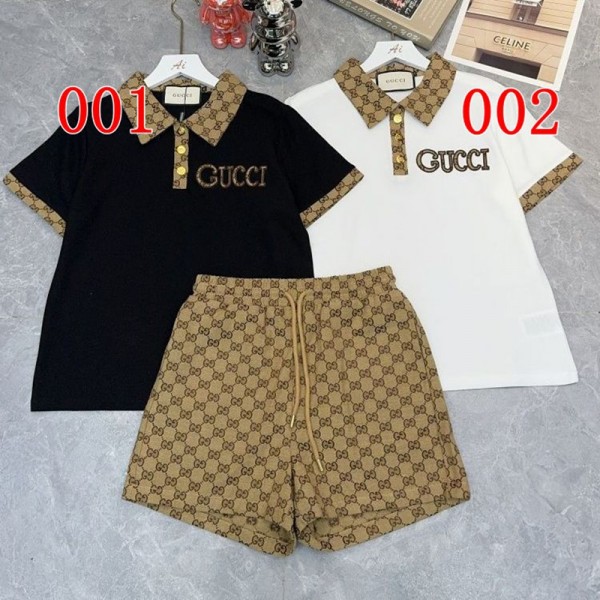 ブランドGUCCI夏服 レディース 男の子 夏服 グッチ半袖 ポロシャツ ハーフパンツ 上下セット カジュアル フォーマル 半袖Tシャツ ショートパンツ 2点セット S-L