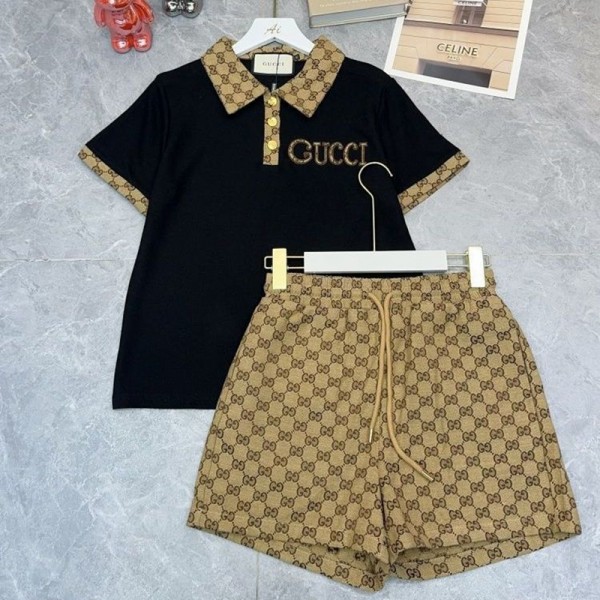 ブランドGUCCI夏服 レディース 男の子 夏服 グッチ半袖 ポロシャツ ハーフパンツ 上下セット カジュアル フォーマル 半袖Tシャツ ショートパンツ 2点セット S-L