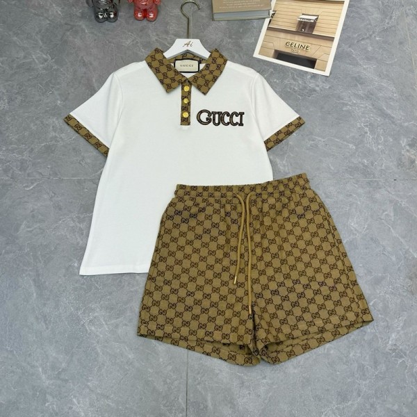 ブランドGUCCI夏服 レディース 男の子 夏服 グッチ半袖 ポロシャツ ハーフパンツ 上下セット カジュアル フォーマル 半袖Tシャツ ショートパンツ 2点セット S-L