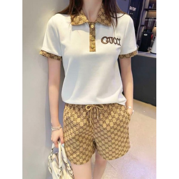 ブランドGUCCI夏服 レディース 男の子 夏服 グッチ半袖 ポロシャツ ハーフパンツ 上下セット カジュアル フォーマル 半袖Tシャツ ショートパンツ 2点セット S-L