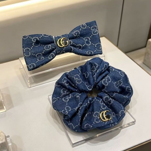 Gucci グッチブランドヘアシュシュ レディース デニムリボンバレッタ ブランドかわいい 蝶結びクリップ 髪アレンジ かわいいヘアピン ハイブランド