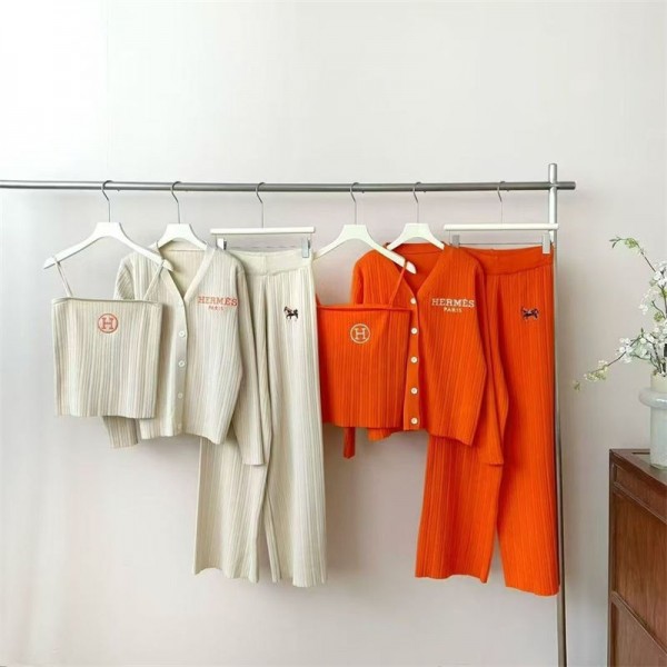 Hermes エルメスハイブランドニット セットアップ レディース 秋冬 セットアップ 3点セット S - 2XL ニットセーター キャミソール ワイドパンツ ニットセット パンツスーツ ニットセット カーディガン ベスト カジュアル 通勤 OL 体型カバー 着痩せ 柔らか オフホワイト ブラック グレー
