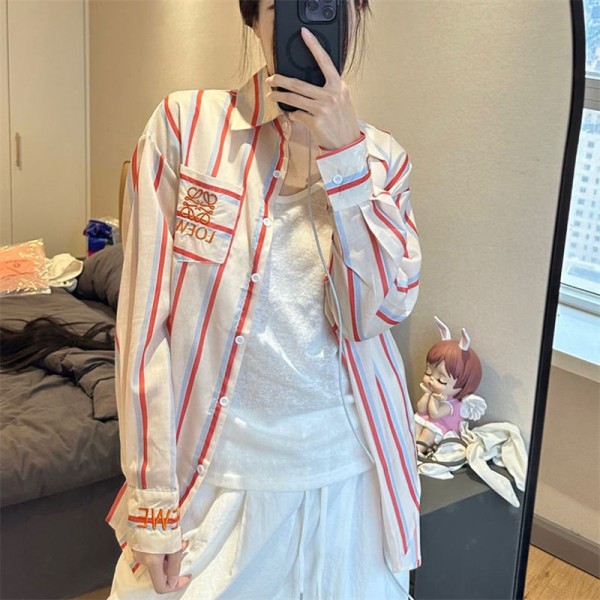 LOEWE ロエベブランドボーダー 長袖 シャツ ブラウス 薄手 レディース ストリート S- 2xl 体型カバー トップス カジュアルルーズシャツ ウェアブラウス ワイシャツ オフィス おしゃれ ゆったり 通勤 レトロ お出かけ 春 夏秋 