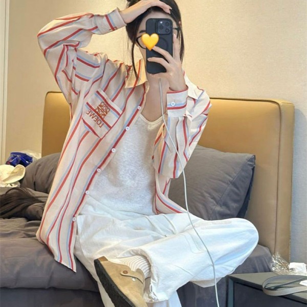 LOEWE ロエベブランドボーダー 長袖 シャツ ブラウス 薄手 レディース ストリート S- 2xl 体型カバー トップス カジュアルルーズシャツ ウェアブラウス ワイシャツ オフィス おしゃれ ゆったり 通勤 レトロ お出かけ 春 夏秋 