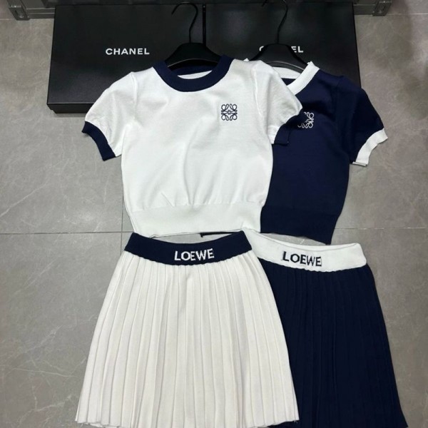 LOEWE ロエベハイブランドニットｔシャツ＋スカート レディース サマーセットアップ S - L ミニワンピース セーター ミニスカート 2点セット ニットワンピース 半袖 クルーネック ボディコン きれいめ 着痩せ 上下セット セクシー ニット ドレス 春夏