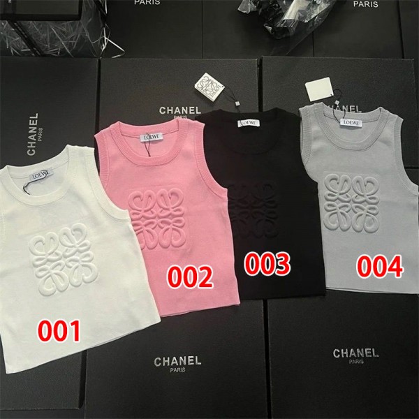 LOEWE ロエベハイブランドノースリーブ セーター レディース サマーニット S - L リブニット クールネック トップス 薄手 ロゴ インナー タイトフィット シンプル カジュアル 着痩せ 伸縮性 重ね着 肌に優しい 柔らか 上質 通勤 デート 可愛い 春夏秋冬