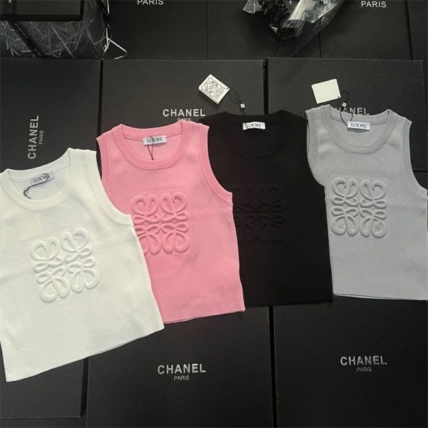 LOEWE ロエベハイブランドノースリーブ セーター レディース サマーニット S - L リブニット クールネック トップス 薄手 ロゴ インナー タイトフィット シンプル カジュアル 着痩せ 伸縮性 重ね着 肌に優しい 柔らか 上質 通勤 デート 可愛い 春夏秋冬