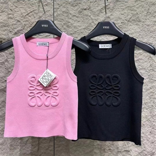 LOEWE ロエベハイブランドノースリーブ セーター レディース サマーニット S - L リブニット クールネック トップス 薄手 ロゴ インナー タイトフィット シンプル カジュアル 着痩せ 伸縮性 重ね着 肌に優しい 柔らか 上質 通勤 デート 可愛い 春夏秋冬