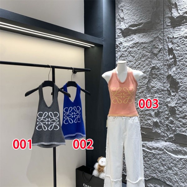 LOEWE ロエベ サマーニット ブランドホルターネック ニットキャミソール レディース ドライ セクシー リブ ニット ショートノースリーブ クロップド 丈 トップス 柔らか ストレッチ