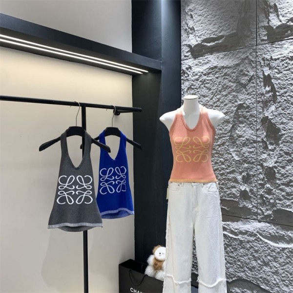 LOEWE ロエベ サマーニット ブランドホルターネック ニットキャミソール レディース ドライ セクシー リブ ニット ショートノースリーブ クロップド 丈 トップス 柔らか ストレッチ