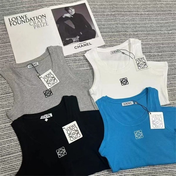 LOEWE ロエベブランドニットタンクトップ レディース 綿キャミソール 薄手インナー S - 3XL ノースリーブ Uネック トップス レイヤード 重ね着 ロング丈 吸汗速乾 脇下隠し 通気性 肩紐太め 部屋着 体型カバー 柔らかい 夏 涼しい