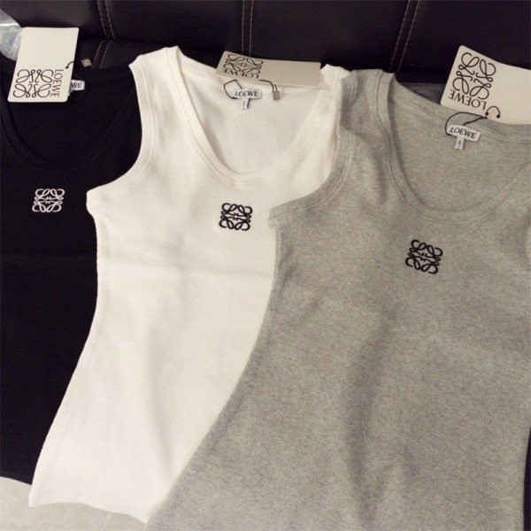 LOEWE ロエベブランドニットタンクトップ レディース 綿キャミソール 薄手インナー S - 3XL ノースリーブ Uネック トップス レイヤード 重ね着 ロング丈 吸汗速乾 脇下隠し 通気性 肩紐太め 部屋着 体型カバー 柔らかい 夏 涼しい