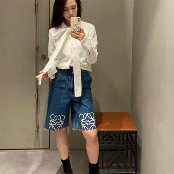 ロエベデニム ハーフパンツ レディース 夏 ブランドLoewe ショートパンツ 大きいサイズ ダメージ加工 ワイドパンツ 5分丈 ストレートパンツ 半ズボン ゆったり デニムパンツ 流行り S - 2XL