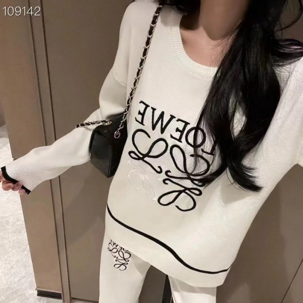 LOEWE ロエベブランドニット セットアップ  ワイドパンツ レディース 秋 冬 2点セット セーター ニットパンツ トップス カジュアル 楽ちん スウェットライク S¬2XL