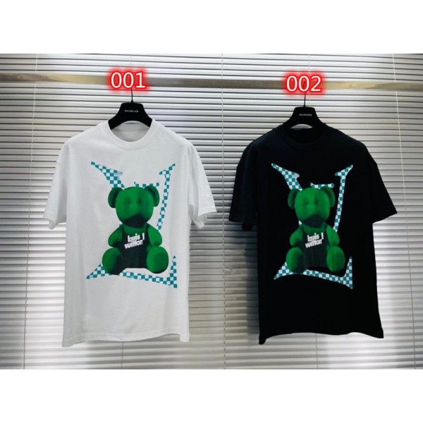 ルイヴィトンハイブランド tシャツ かわいいクマ柄 コットン 丸首 半袖 tシャツ オーバーサイズ 定番 黒 白2色 tシャツ レディースメンズ人気上着トップス