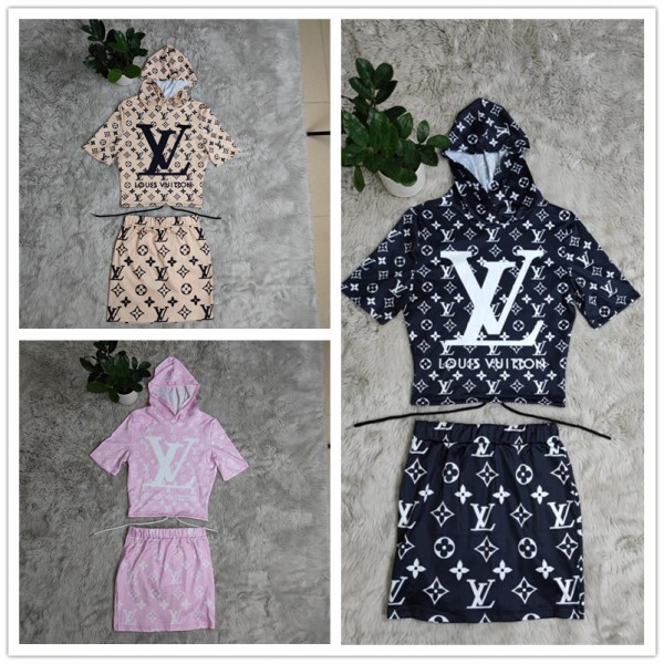 ルイヴィトンブランド tシャツ スカート 2点セット louis vuitton モノグラム フード付きシャツ ショートスカート 上下セット 夏 女性