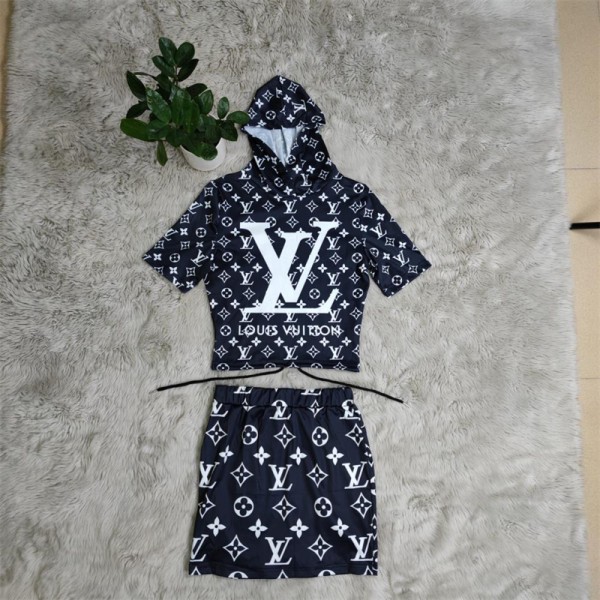 ルイヴィトンブランド tシャツ スカート 2点セット louis vuitton モノグラム フード付きシャツ ショートスカート 上下セット 夏 女性