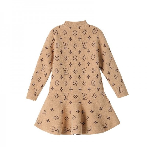 ブランド lv 子供服 長袖ワンピース ガールズ ルイヴィトンニットセーター 女の子 ロング丈 ドレス キッズ ワンピ プリンセスドレス Aライン 暖かい 厚手 ふんわり かわいい 通園 通学 秋冬 2色 100-150cm