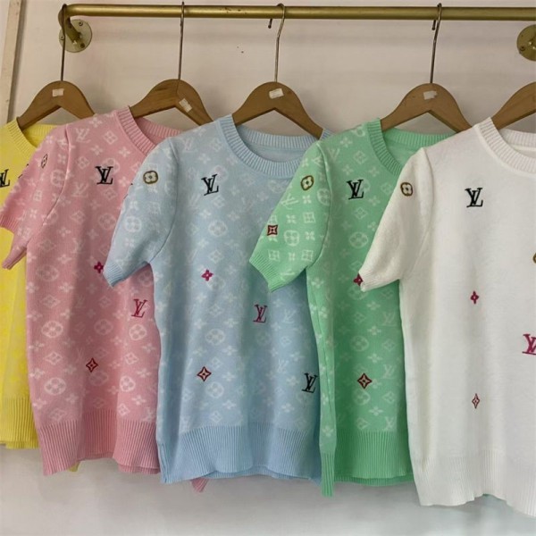 Lv ルイヴィトンニットtシャツハイブランドカットソー 綿 春 夏 Tシャツ ニット セーター カジュアル 通勤 シンプル 可愛い 上品 無地 おしゃれ トップス 半袖 レディースS - L