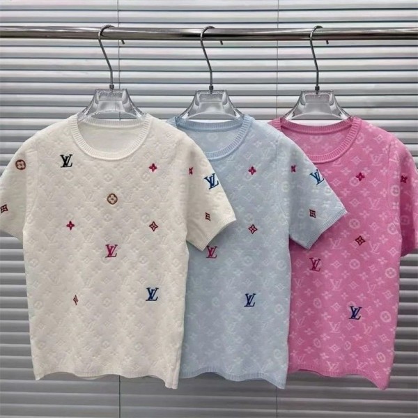 Lv ルイヴィトンニットtシャツハイブランドカットソー 綿 春 夏 Tシャツ ニット セーター カジュアル 通勤 シンプル 可愛い 上品 無地 おしゃれ トップス 半袖 レディースS - L