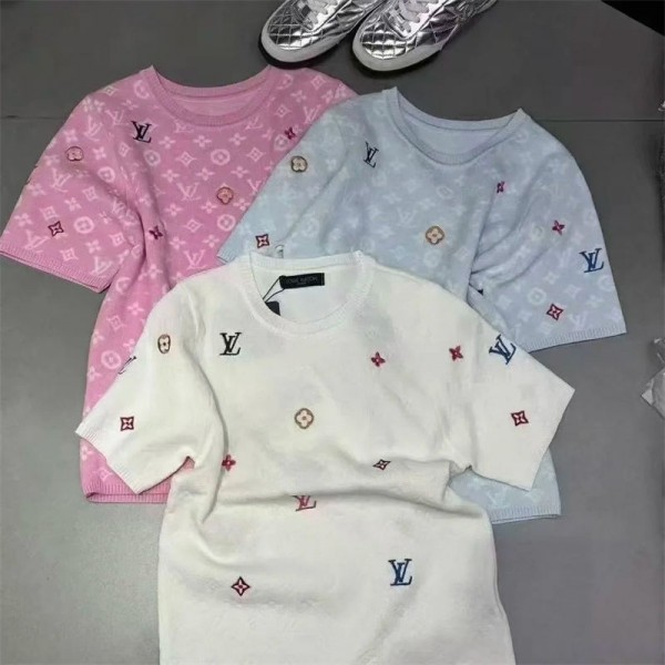 Lv ルイヴィトンニットtシャツハイブランドカットソー 綿 春 夏 Tシャツ ニット セーター カジュアル 通勤 シンプル 可愛い 上品 無地 おしゃれ トップス 半袖 レディースS - L
