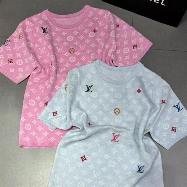 Lv ルイヴィトンニットtシャツハイブランドカットソー 綿 春 夏 Tシャツ ニット セーター カジュアル 通勤 シンプル 可愛い 上品 無地 おしゃれ トップス 半袖 レディースS - L