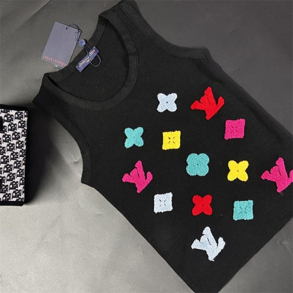 Lv ルイヴィトンブランドタンクトップ レディース ショート丈 トップス 刺繍 ノースリーブ Tシャツ カットソー へそ出し シンプル クロップトップ 通気 肌触り良い 快適 痩せ 肌着 下着 重ね着 夏 着痩せ