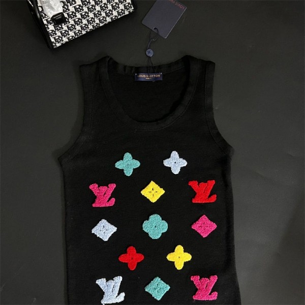 Lv ルイヴィトンブランドタンクトップ レディース ショート丈 トップス 刺繍 ノースリーブ Tシャツ カットソー へそ出し シンプル クロップトップ 通気 肌触り良い 快適 痩せ 肌着 下着 重ね着 夏 着痩せ
