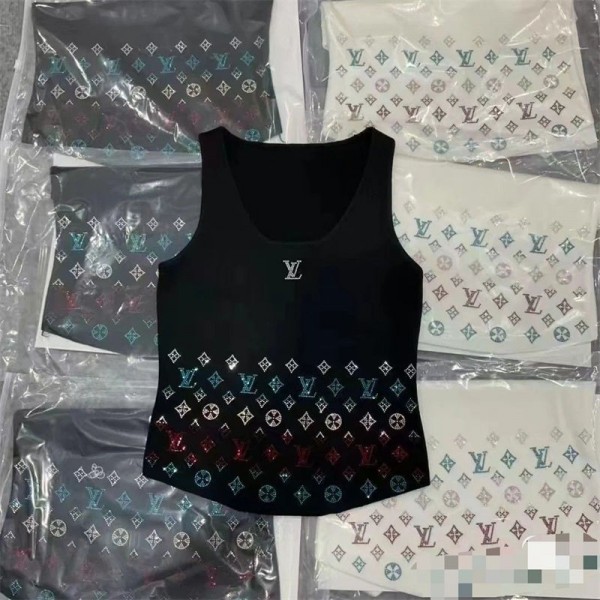 Lv ルイヴィトンハイブランドタンクトップ レディース トップス 激安 ニット ノースリーブ ショート丈 へそ出し重ね着 夏 キャミソール Tシャツ 薄手 カットソー キャミソール  S - L