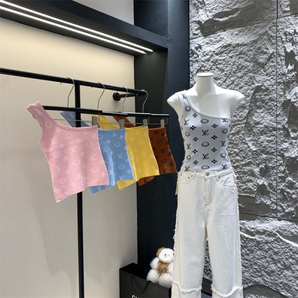 Lv ルイヴィトンブランドニットクロップトップ ニットブラウス  片肩 ニットキャミソール ラウンドネック ワンショルダー パーティー ダンス レディース