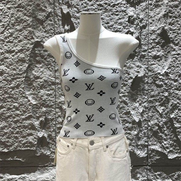 Lv ルイヴィトンブランドニットクロップトップ ニットブラウス  片肩 ニットキャミソール ラウンドネック ワンショルダー パーティー ダンス レディース