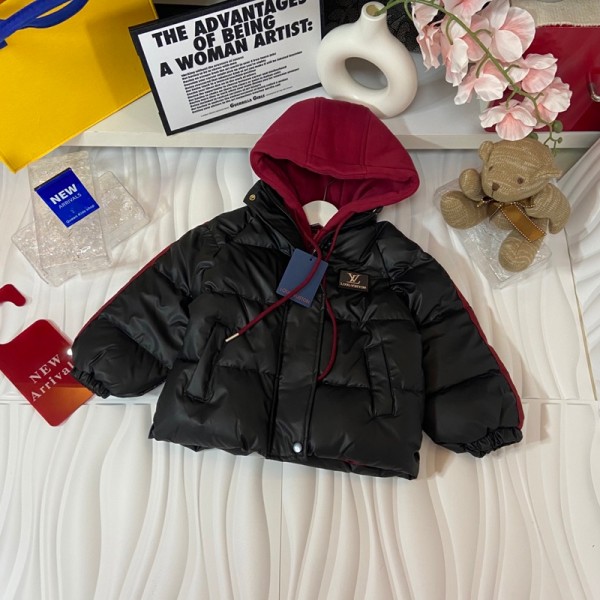 Lv ルイヴィトンブランドキッズ中綿ジャケット レザー中綿コート フード付き 中綿入り 冬 男の子 子供 アウター 厚手 スタンドカラー フルジップ 厚手 ジャンパー パーカー 90-170cm