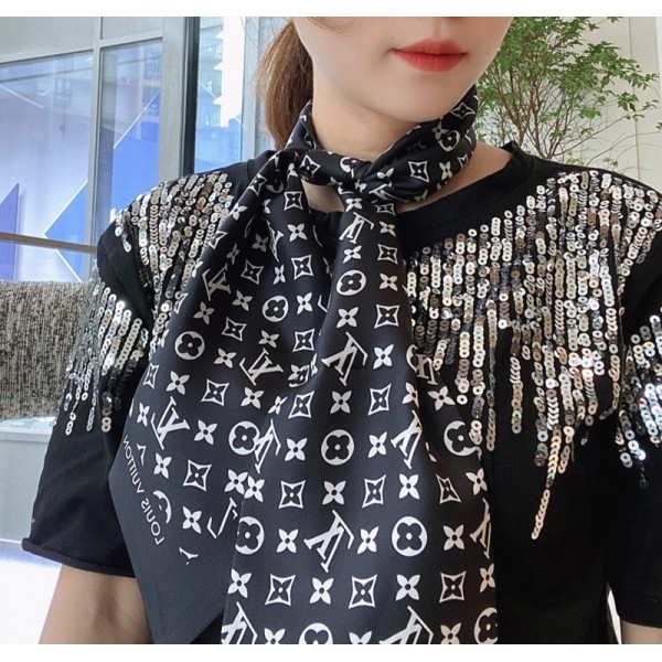 Lv ルイヴィトンハイブランド 春夏スカーフ レディース シルク風 長方形 バンダナ ネッカチーフ カジュアル 通勤 オフィス 万能 春夏秋 バッグ飾り 髪飾り サテン生地