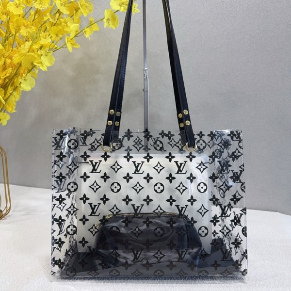 Lv ルイヴィトンブランドビニールバック シンプル 透明 ビーチバッグ 裏mini バッグ付き トートバッグ 大容量 海水浴 着替え収納 おしゃれ 防水 プールバッグ スイミングバッグ 水泳 温泉 浴室 砂遊び 出張 旅行 スリッパ 化粧品入れ