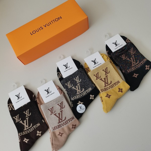 Lv ルイヴィトンレディース向け 靴下 かわいいコットン 靴下 メンズ 通気性ブランドミドルソックス 高品質浅口ソックス 女の子好き 韓国