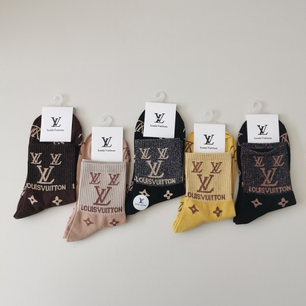 Lv ルイヴィトンレディース向け 靴下 かわいいコットン 靴下 メンズ 通気性ブランドミドルソックス 高品質浅口ソックス 女の子好き 韓国
