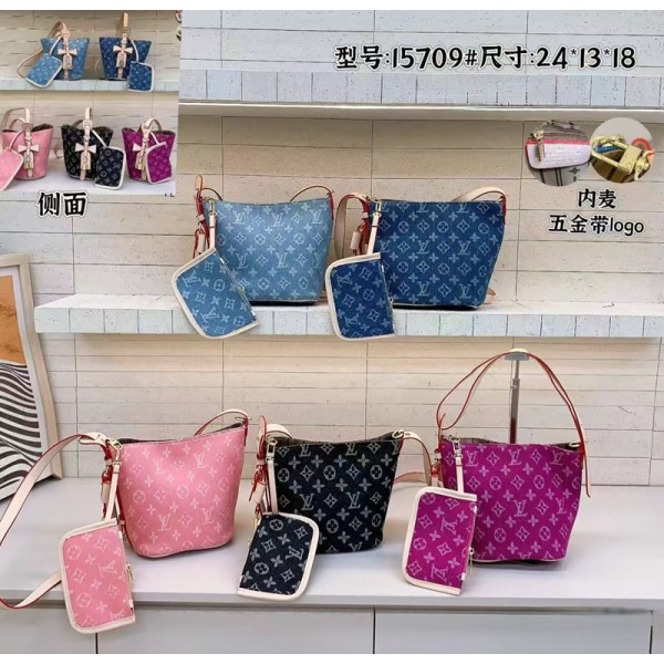 Lv ルイヴィトンハイブランドバケットバッグ 女性 クロスボディショルダー財布 ショルダーバッグ デニムバケットバッグ 肩掛けバッグ ミニポーチ付き 高品質