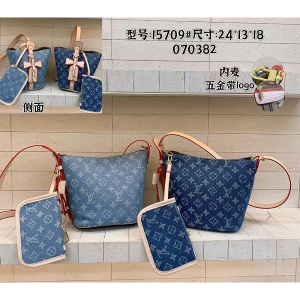 Lv ルイヴィトンハイブランドバケットバッグ 女性 クロスボディショルダー財布 ショルダーバッグ デニムバケットバッグ 肩掛けバッグ ミニポーチ付き 高品質