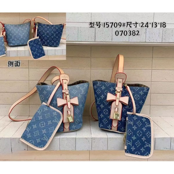 Lv ルイヴィトンハイブランドバケットバッグ 女性 クロスボディショルダー財布 ショルダーバッグ デニムバケットバッグ 肩掛けバッグ ミニポーチ付き 高品質