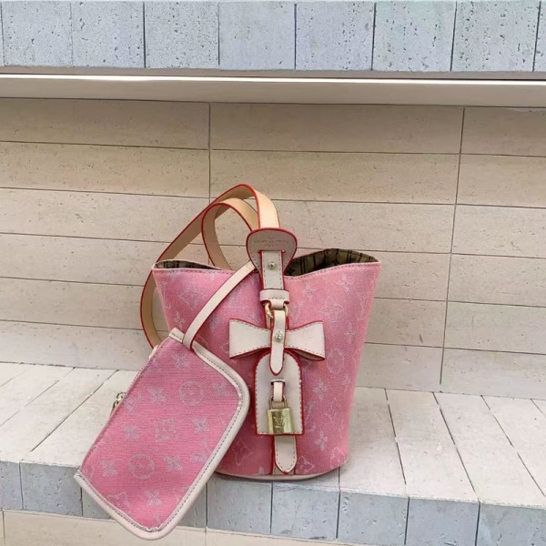 Lv ルイヴィトンハイブランドバケットバッグ 女性 クロスボディショルダー財布 ショルダーバッグ デニムバケットバッグ 肩掛けバッグ ミニポーチ付き 高品質