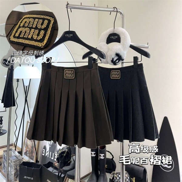 ミュウミュウ MIUMIU ショート丈スカート レディース ブランド プリーツスカート ラシャスカート 厚手 秋 冬 Aラインスカート 黒スカート フェミニン おしゃれ ボトムス かわいい  女子高生 S  -XL
