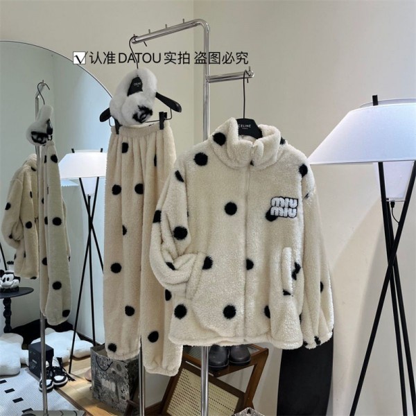 ミュウミュウ ブランド パジャマ レディース MIUMIU フランネルルームウェア M - 2XL 上下セット 裏起毛 暖かい 秋 冬 部屋着 前開き セットアップ フランネル 着る毛布 長袖 男女兼用 静電気防止 プレゼント モコモコ