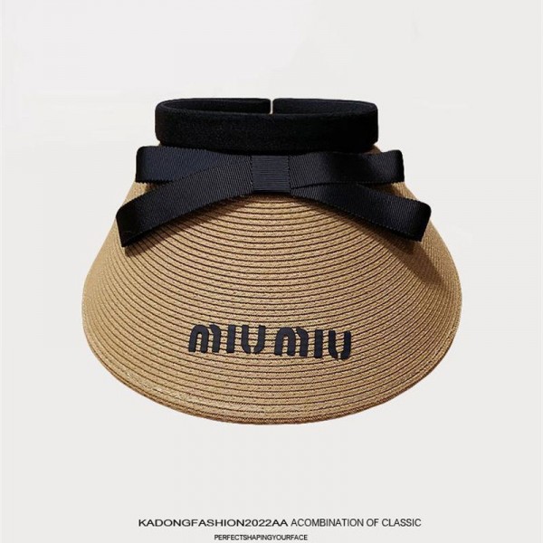 ミュウミュウ MiuMiuハイブランドサンバイザー 麦わら帽子 レディース UVカット キャップ つば広 帽子 ハット 紫外線対策 日焼け防止 弾性コード付き サイズ調整 折りたたみ 軽量