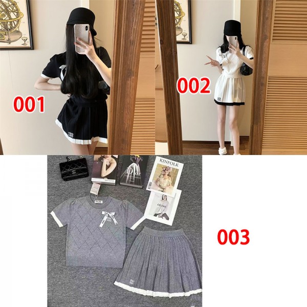 ミュウミュウ MiuMiuブランドセットアップ サマーニット レディース S- XL 半袖 ｔシャツ ショートプリーツスカート 上下セット かわいい きれいめ 通気 柔らい ゆったり 大きいサイズ 体型カバー ルームウェア お出掛け 部屋着 夏服