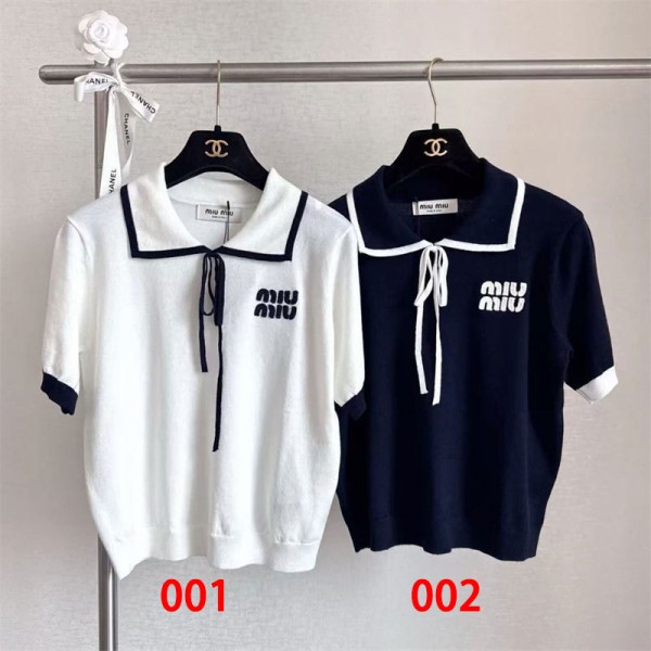 ミュウミュウ MiuMiuブランドPOLOシャツ レディース ニット 半袖 薄手 パフスリーブ Tシャツ 無地 S - 2XL ショルダー 開襟 シャツ 伸縮 トップ スシンプル モダン 着やせ カジュアル キレイ 通勤オフィス 春夏秋