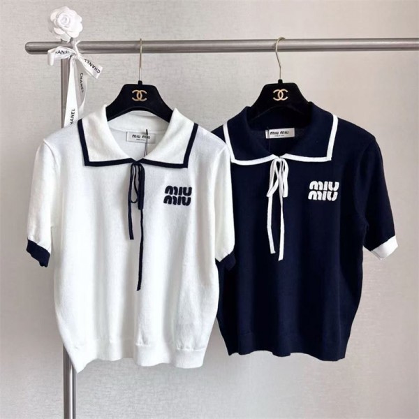 ミュウミュウ MiuMiuブランドPOLOシャツ レディース ニット 半袖 薄手 パフスリーブ Tシャツ 無地 S - 2XL ショルダー 開襟 シャツ 伸縮 トップ スシンプル モダン 着やせ カジュアル キレイ 通勤オフィス 春夏秋