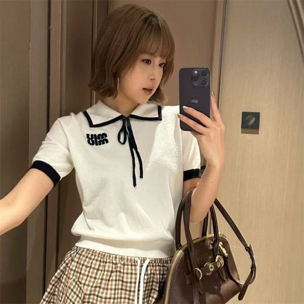 ミュウミュウ MiuMiuブランドPOLOシャツ レディース ニット 半袖 薄手 パフスリーブ Tシャツ 無地 S - 2XL ショルダー 開襟 シャツ 伸縮 トップ スシンプル モダン 着やせ カジュアル キレイ 通勤オフィス 春夏秋