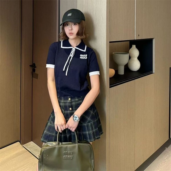 ミュウミュウ MiuMiuブランドPOLOシャツ レディース ニット 半袖 薄手 パフスリーブ Tシャツ 無地 S - 2XL ショルダー 開襟 シャツ 伸縮 トップ スシンプル モダン 着やせ カジュアル キレイ 通勤オフィス 春夏秋